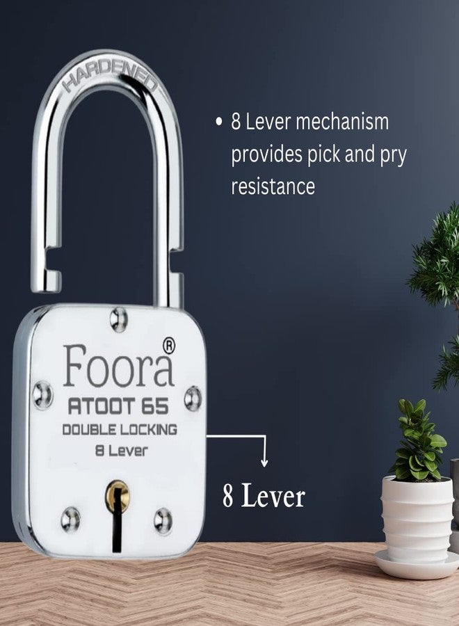 Foora New Atoot 65mm Lock and Keys | Metal Body | Home Double Locking | Hardened Shackle | 8 Steel Lever | 20 Silver Keys with Keychain | Silver Finsih | Made in India | Export in USA | Canada - Image 5